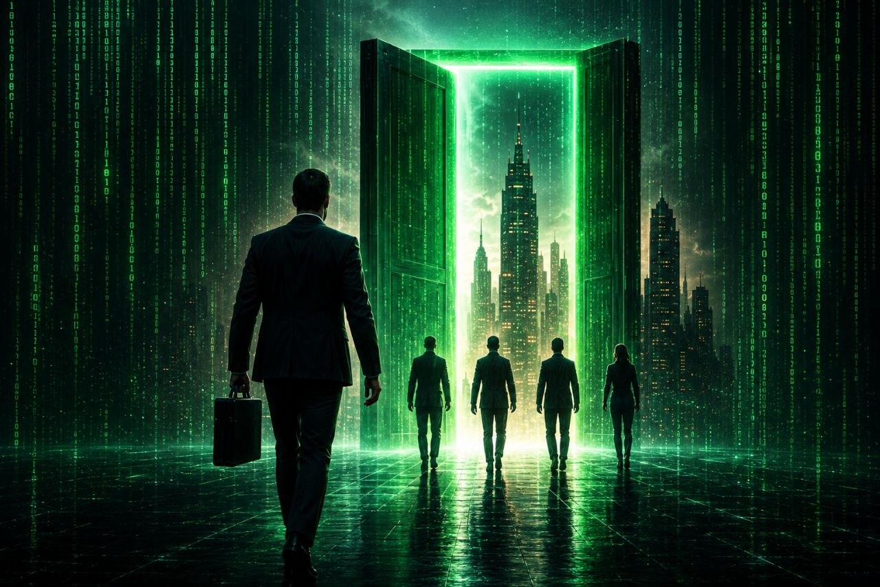 Verslininkas prie neon durų — klientai įeina