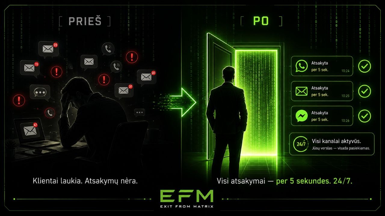 Prieš ir paskui: tamsus laukimas be roboto vs neon žalia automatika su Exit from Matrix
